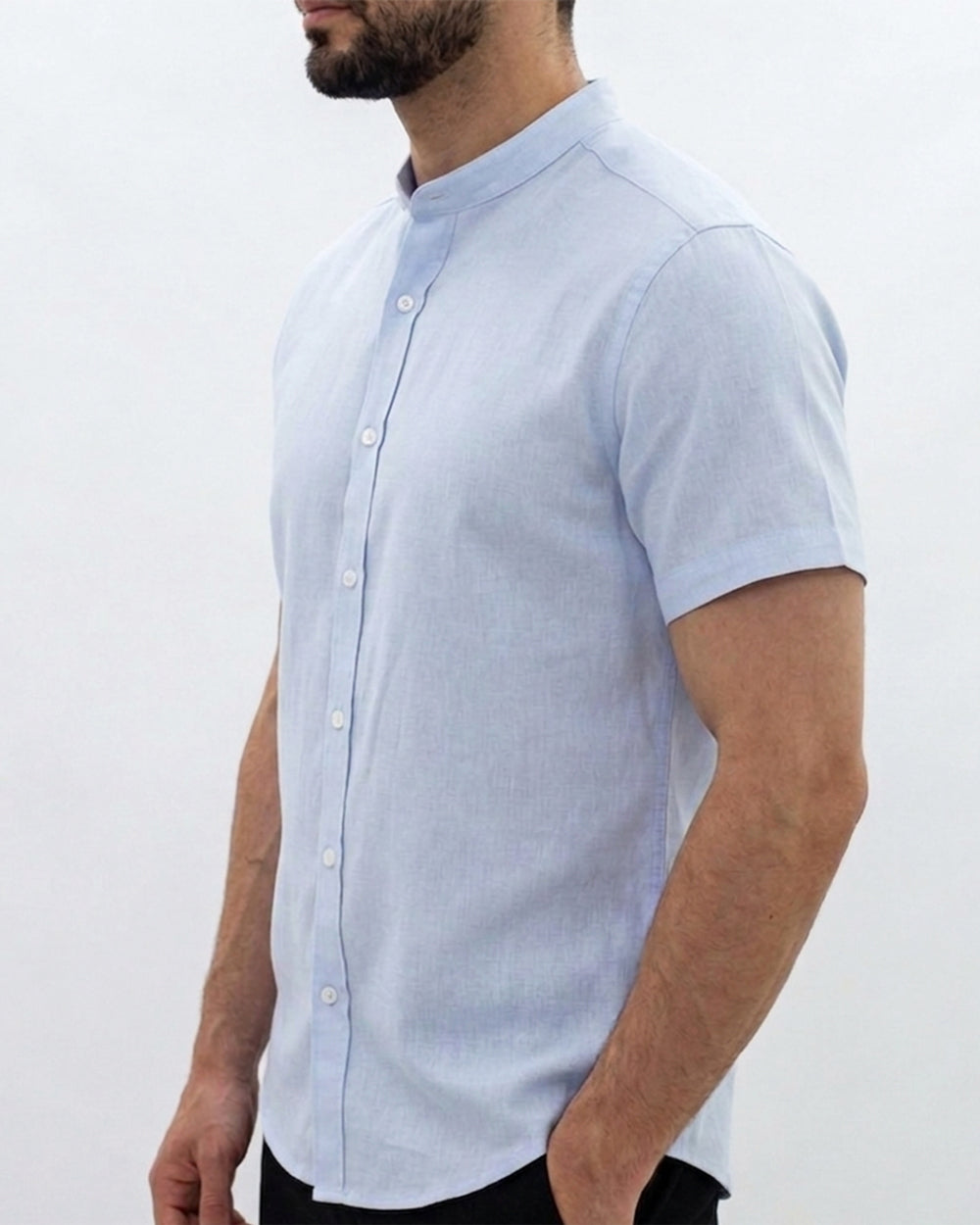 Camisa de lino Manga Corta Azul Claro
