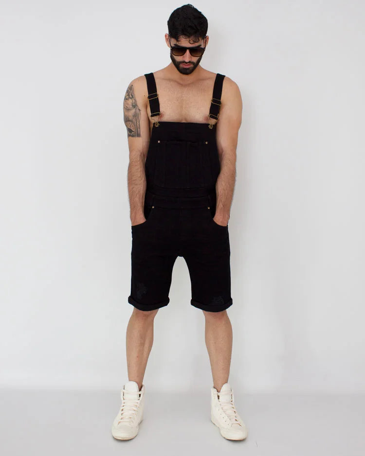Black Denim Short Overalls