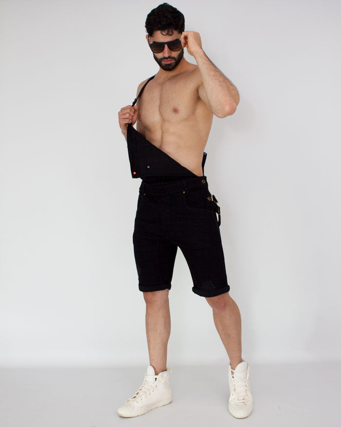 Black Denim Short Overalls