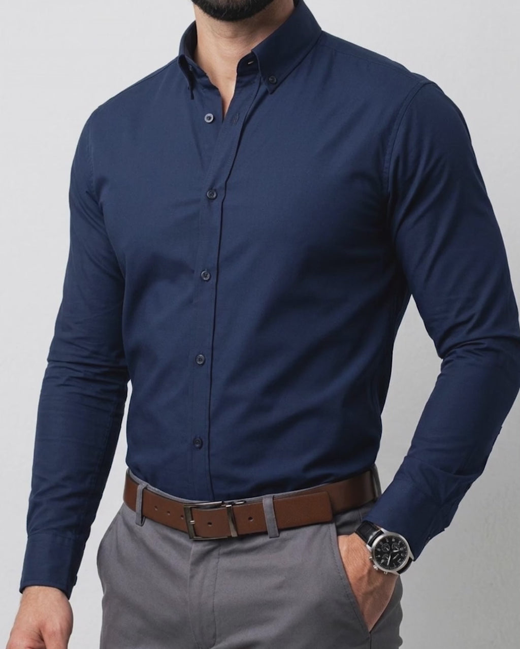 Camisa Flexible Manga Larga Azul Oscuro